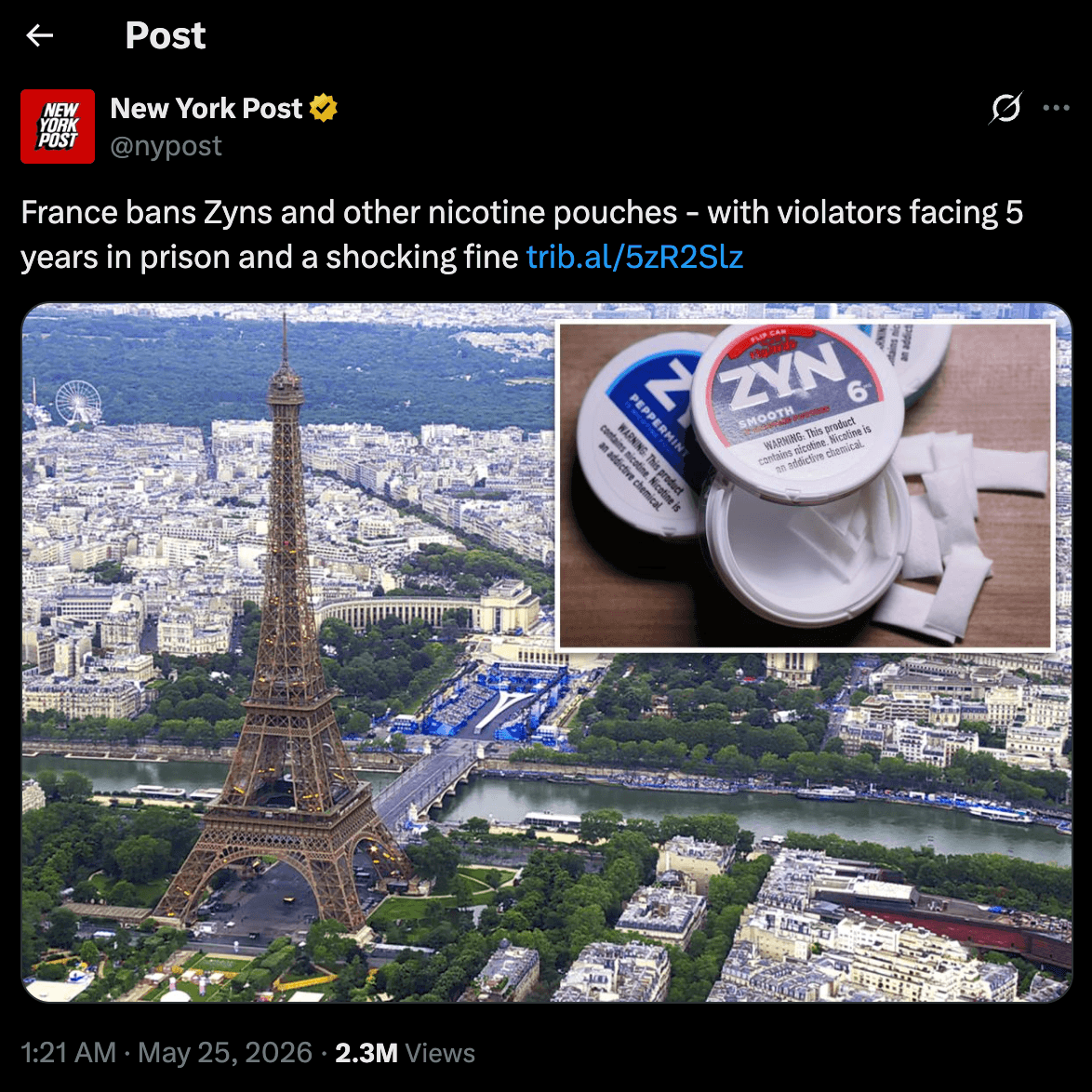NY Post tweet about France banning Zyns